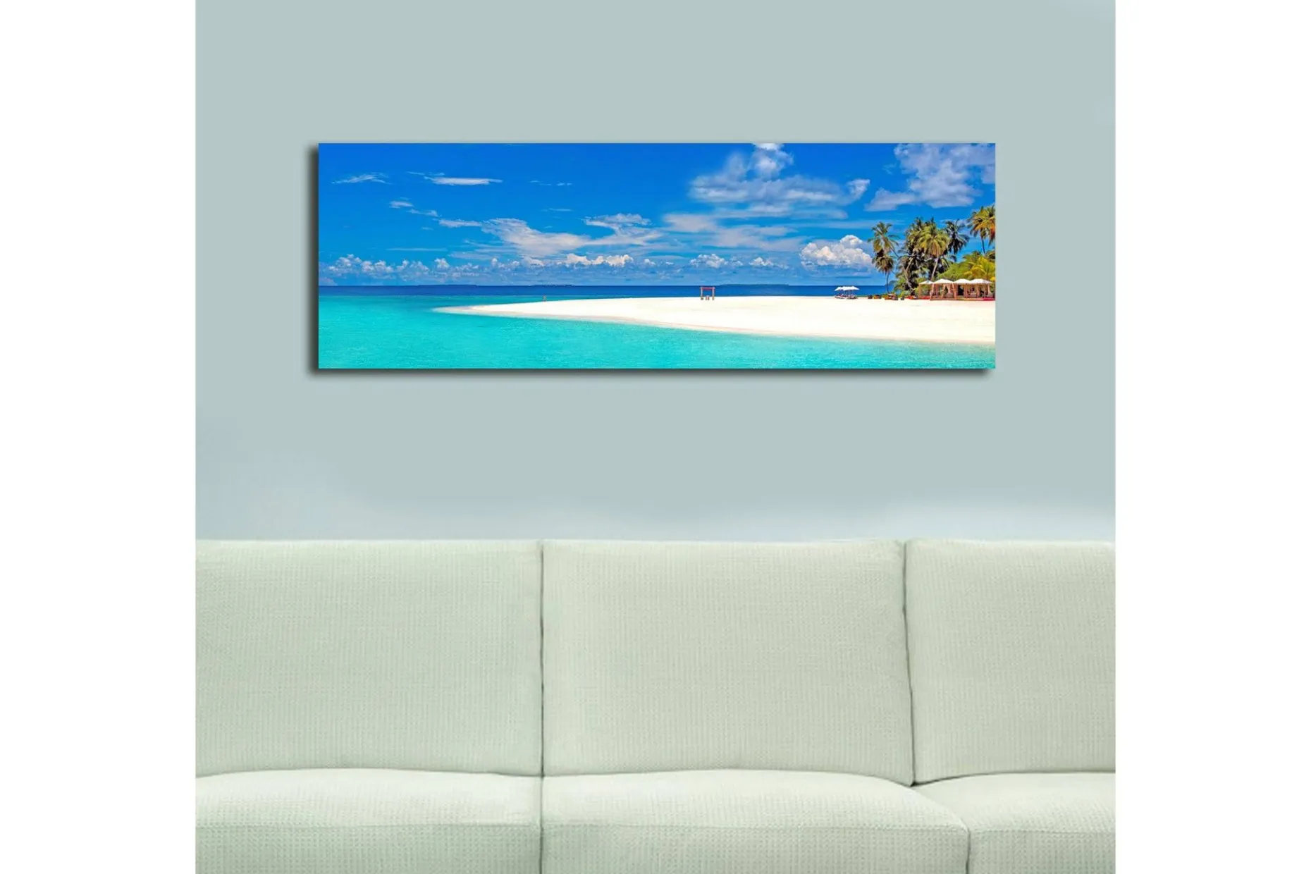 Lerretsbilde med LED-belysning 30x90 cm - Paradisstrand med turkis vann og palmer