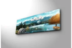 Lerretsbilde med LED-belysning 30x90 cm - Storslått fjellandskap med en fisker i en båt på en speilblank innsjø