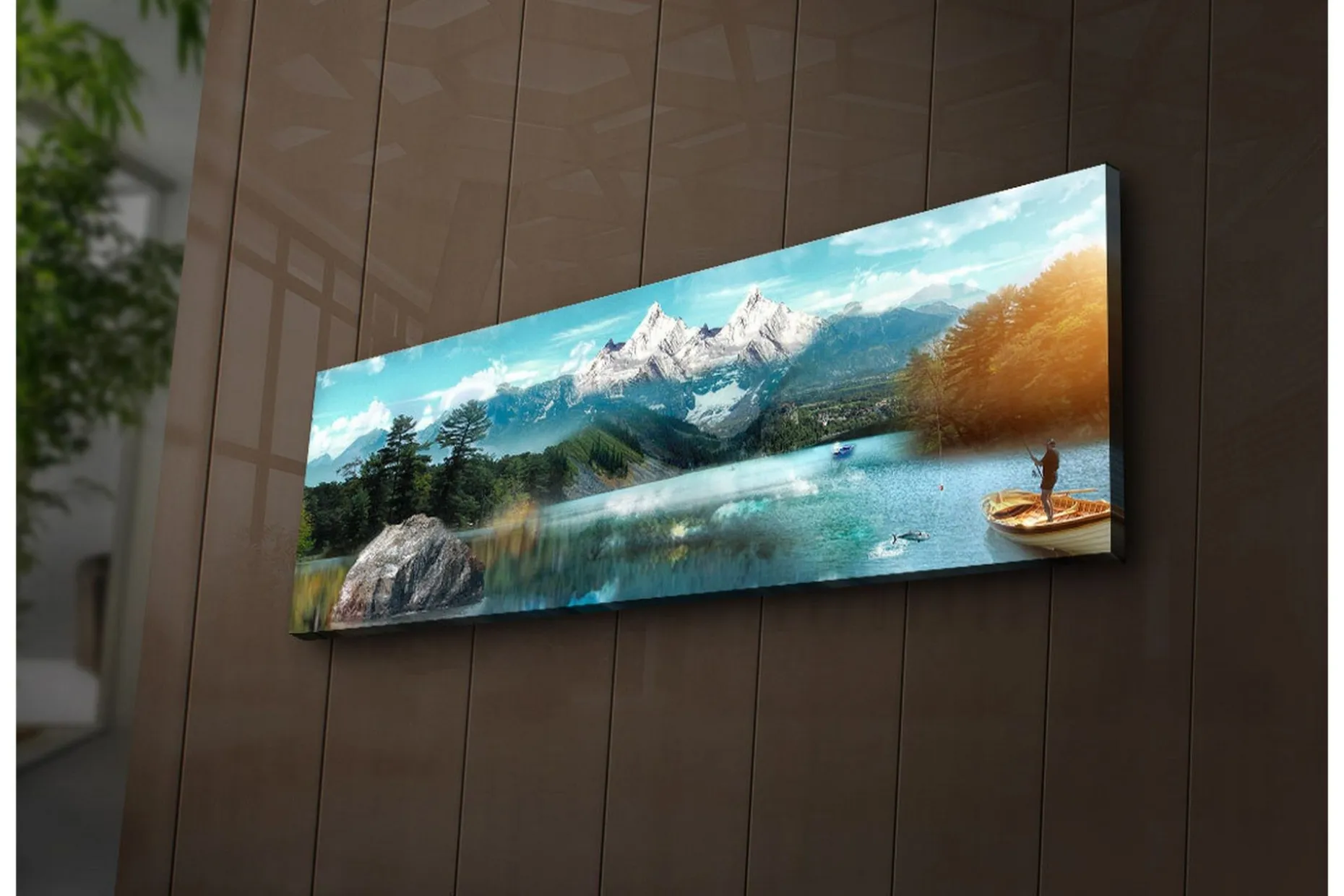 Lerretsbilde med LED-belysning 30x90 cm - Storslått fjellandskap med en fisker i en båt på en speilblank innsjø