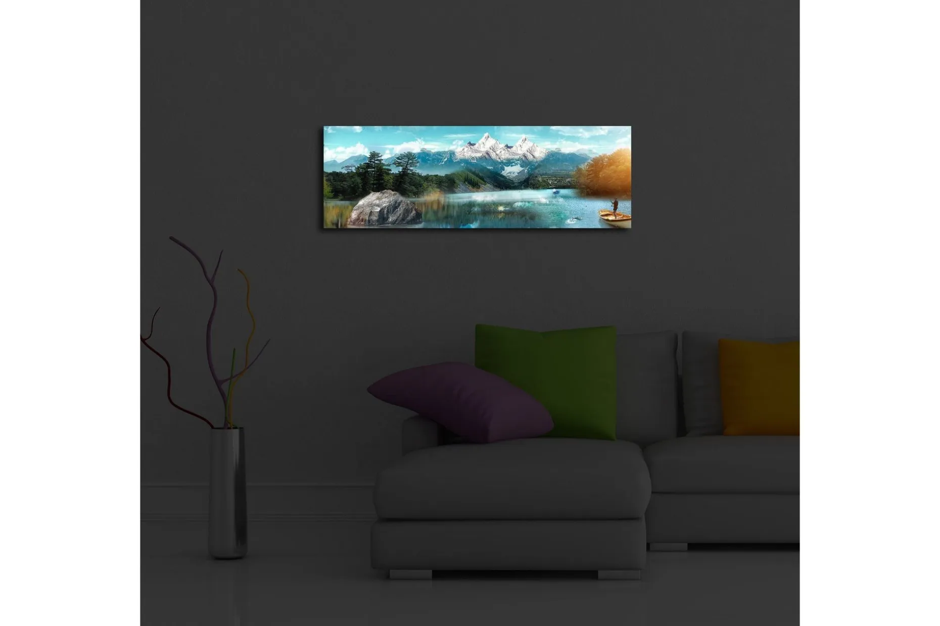 Lerretsbilde med LED-belysning 30x90 cm - Storslått fjellandskap med en fisker i en båt på en speilblank innsjø