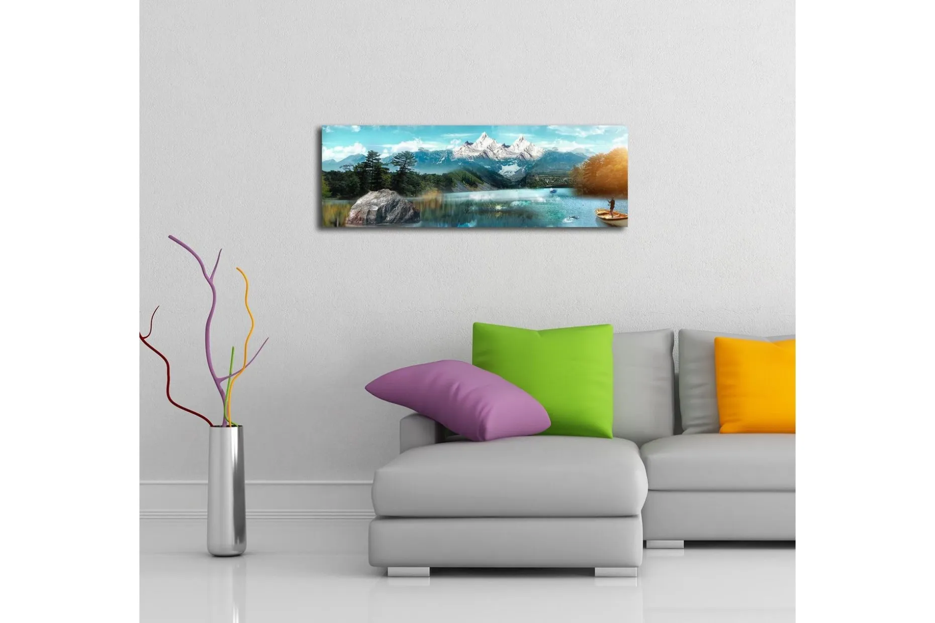 Lerretsbilde med LED-belysning 30x90 cm - Storslått fjellandskap med en fisker i en båt på en speilblank innsjø