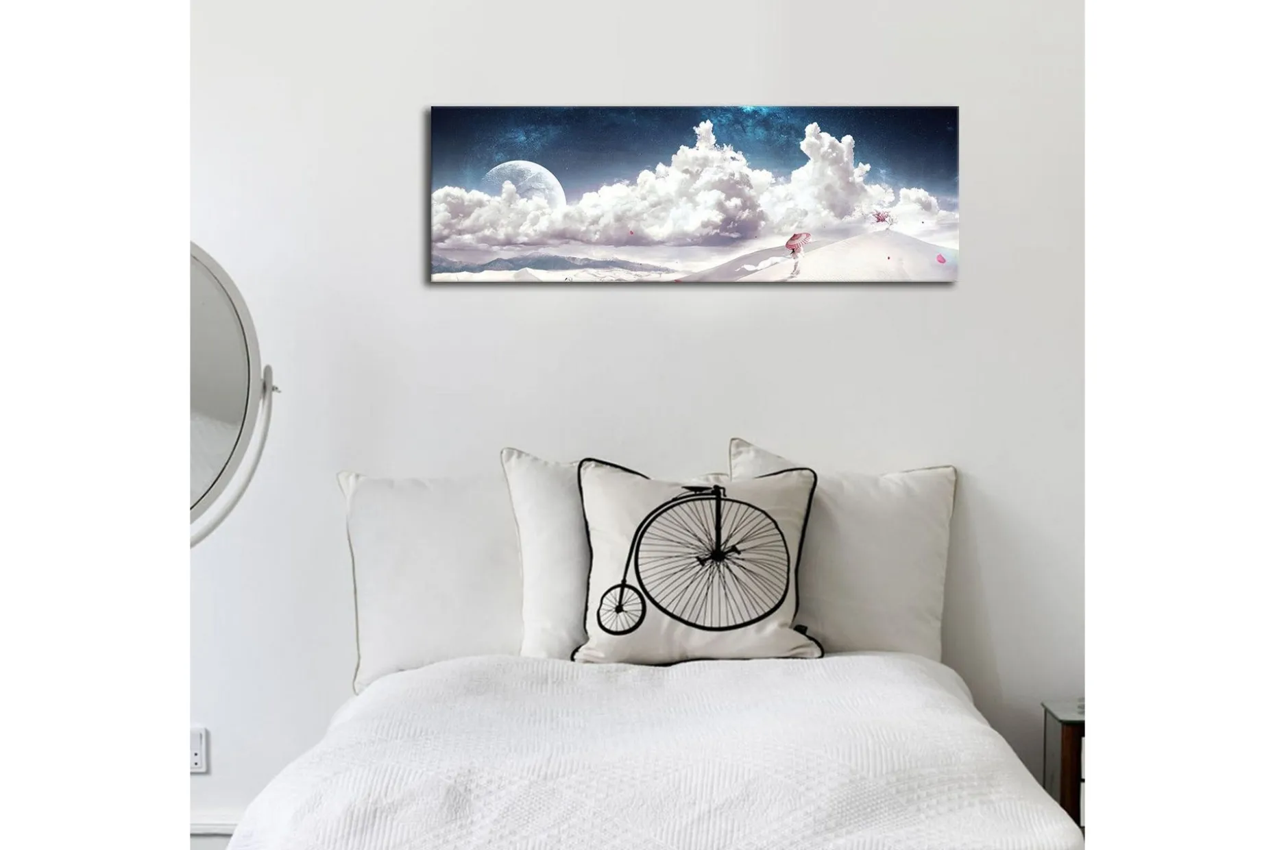 Lerretsbilde med LED-belysning 30x90 cm - Drømmeaktig landskap med en enslig figur som bærer en paraply i et snødekt miljø under en stjerneklar himmel