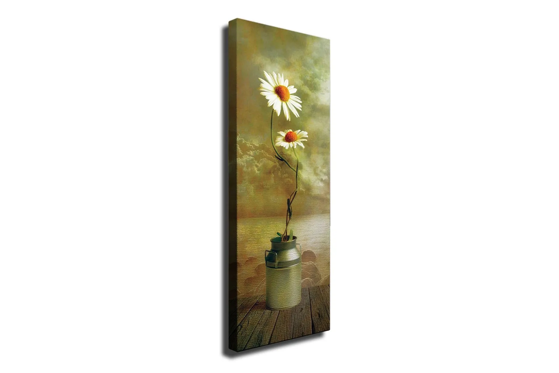 Lerretsbilde 30x80 cm - To tusenfryd i en melkekanne