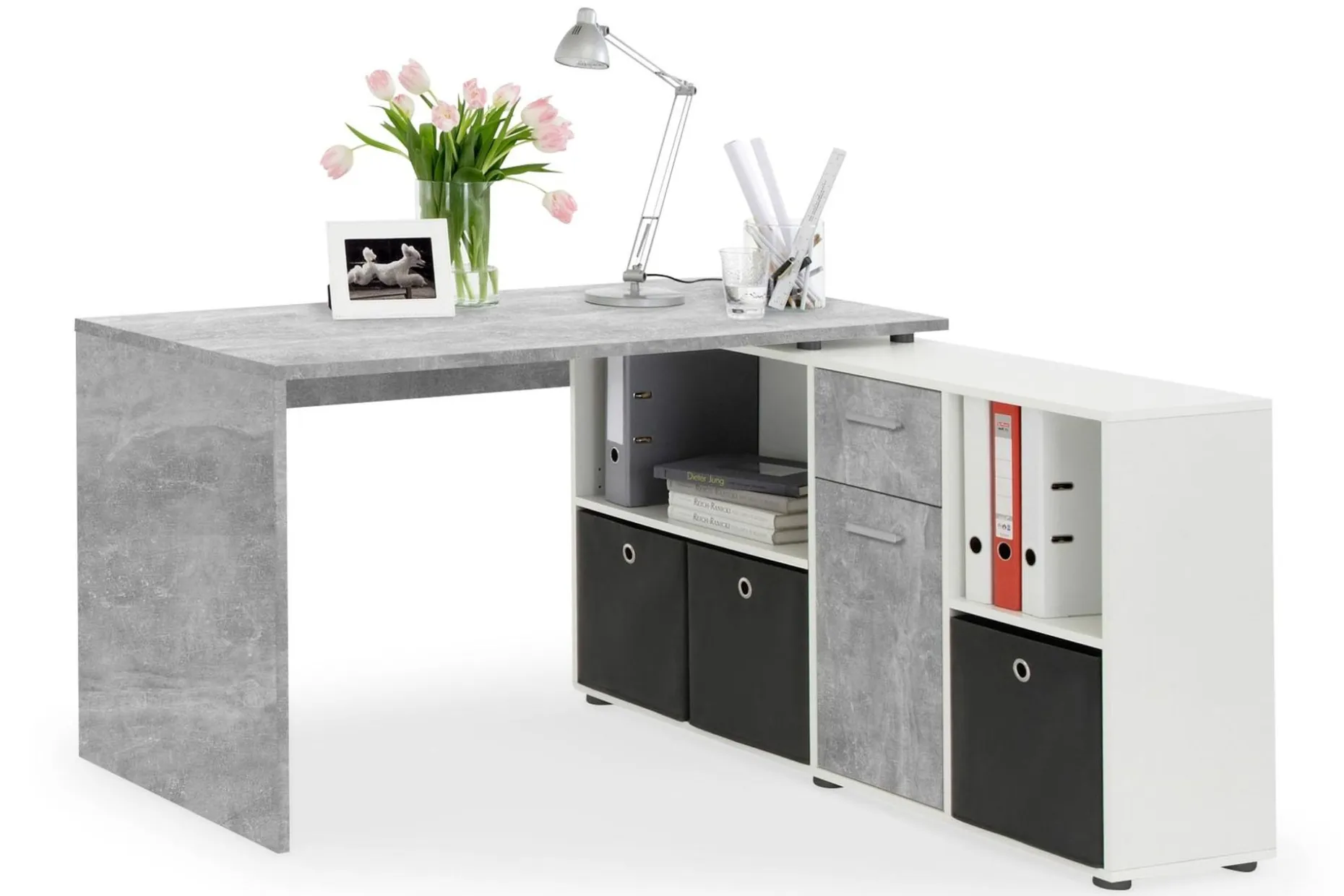 Lexo Hjørneskrivebord 136 cm med Justerbar Hylla