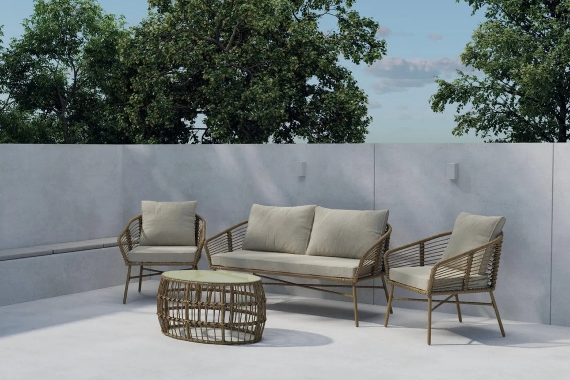 Lipari sofagruppe 2-seters sofa + 2 lenestoler med bord utendørs