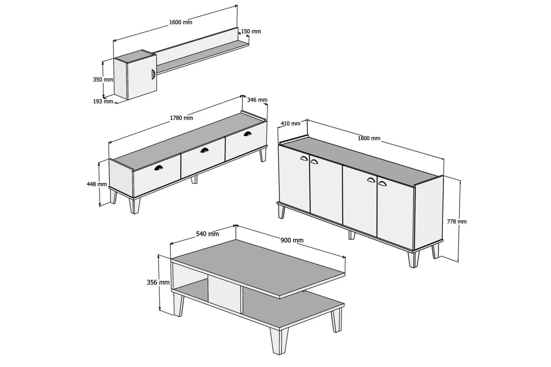 Living Room Furniture Set Eik|Hvit