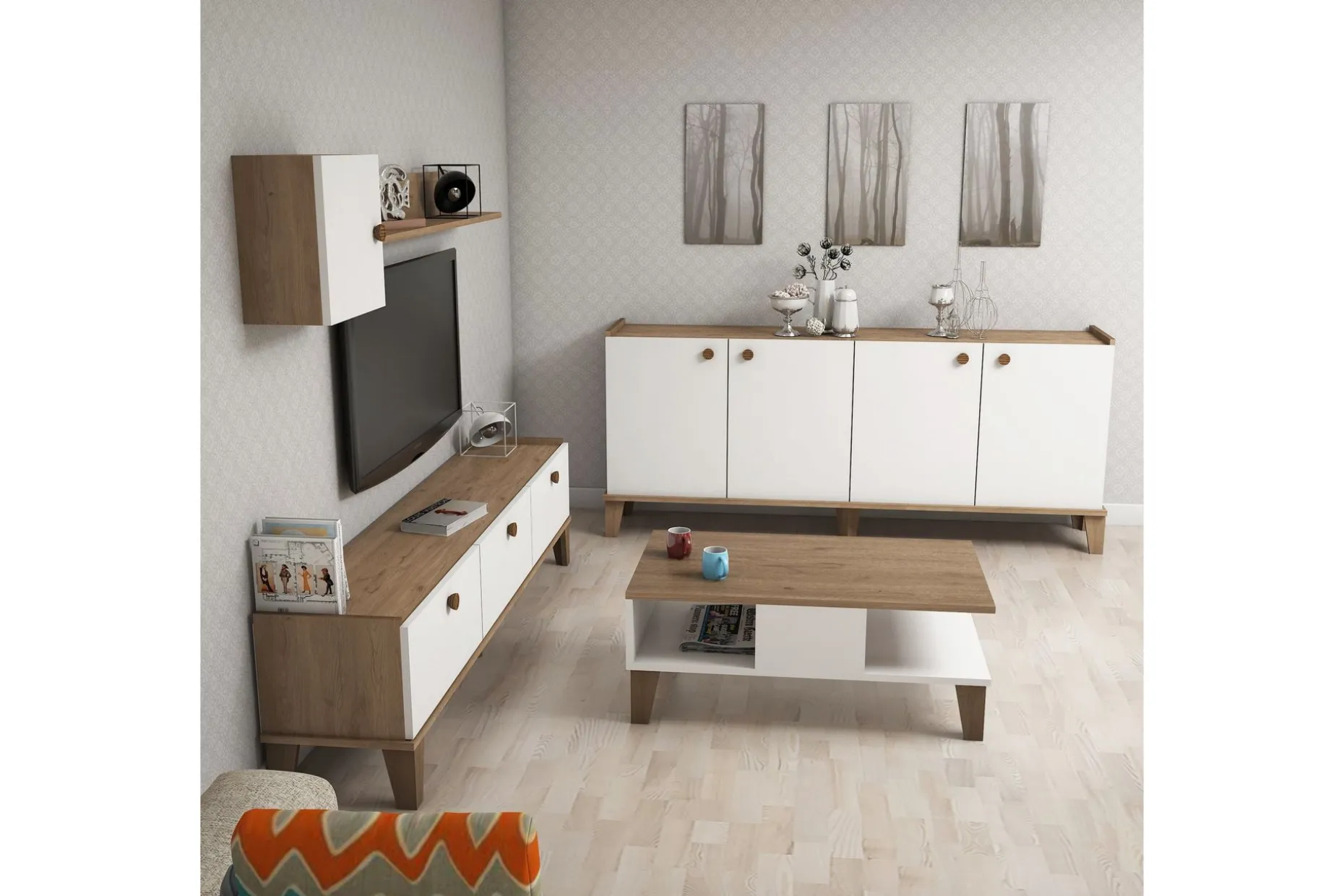 Living Room Furniture Set Eik|Hvit