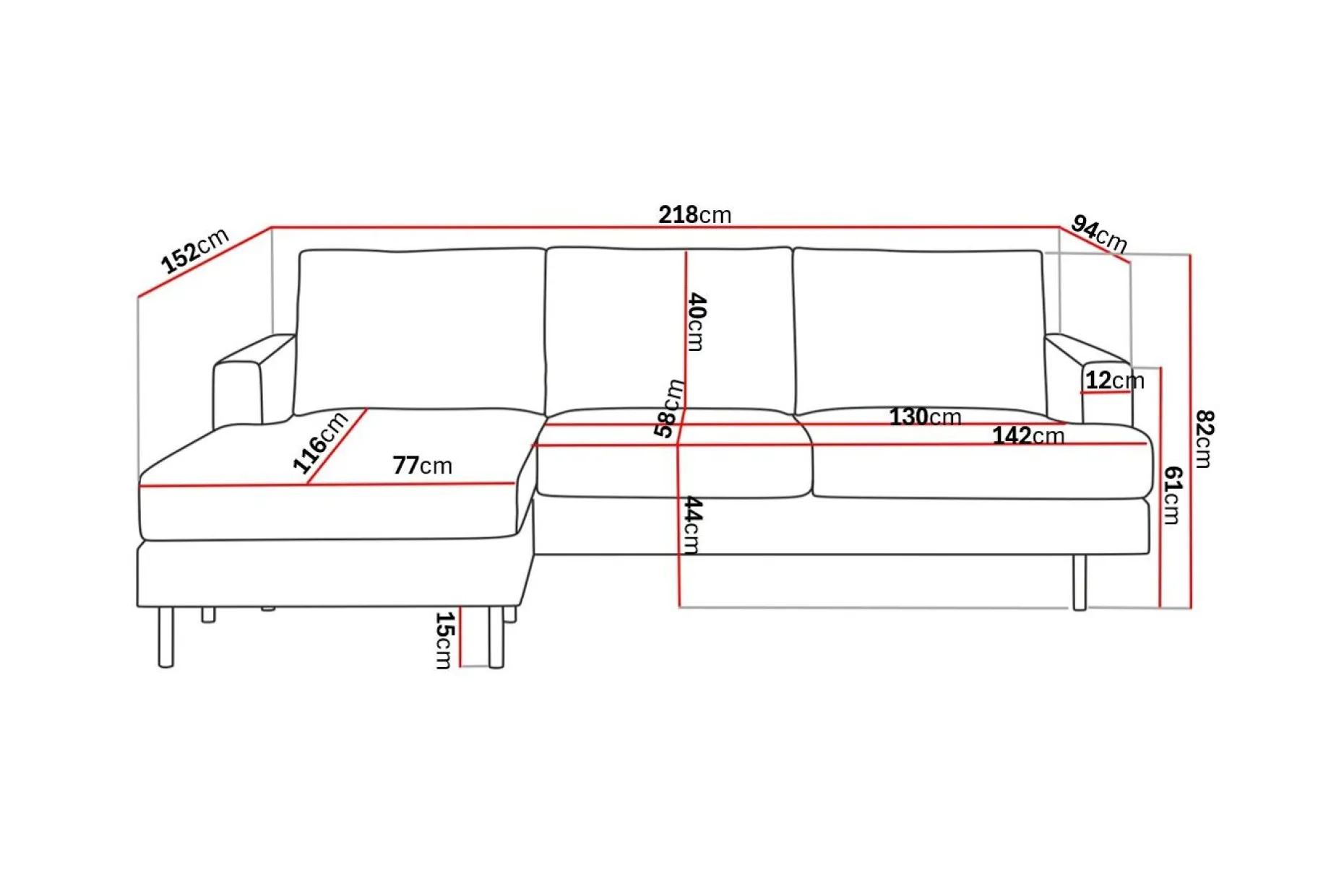 Menard Compact 3-seters Venstrevendt L-formet Divansofa i Stoff