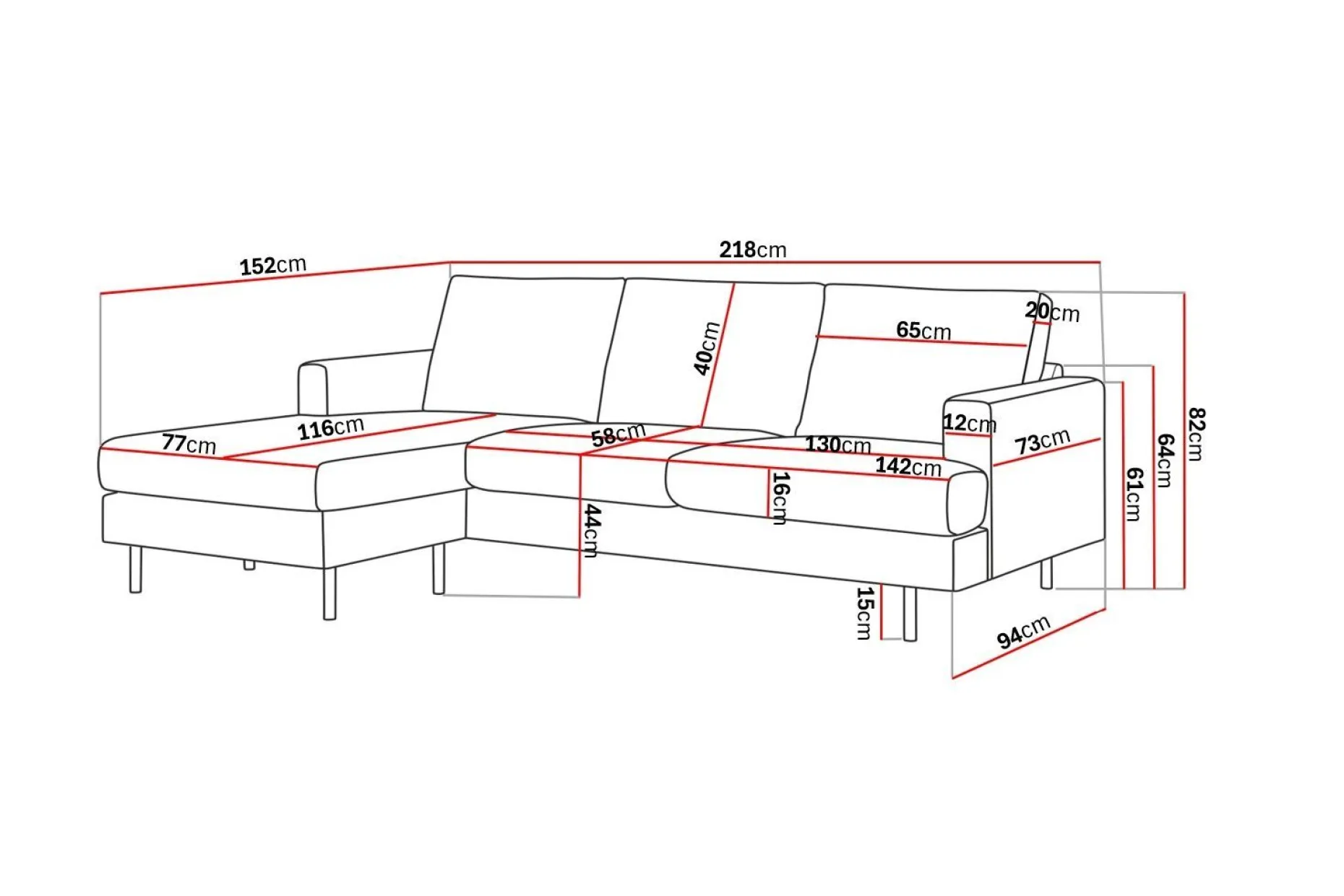 Menard Compact 3-seters Venstrevendt L-formet Divansofa i Stoff