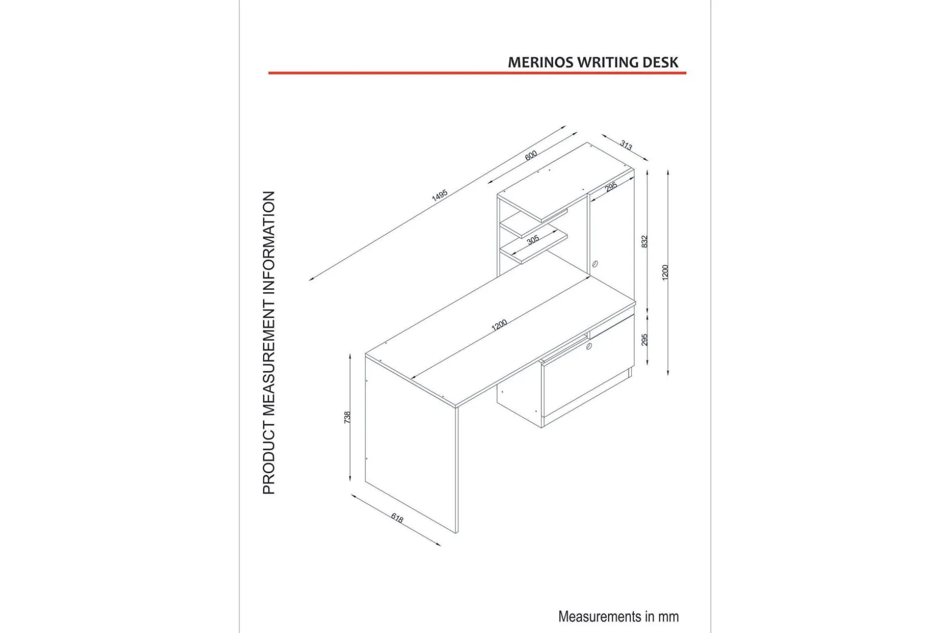Merinoz Skrivebord 150 cm med Oppbevaring Hyller + Skuff + S