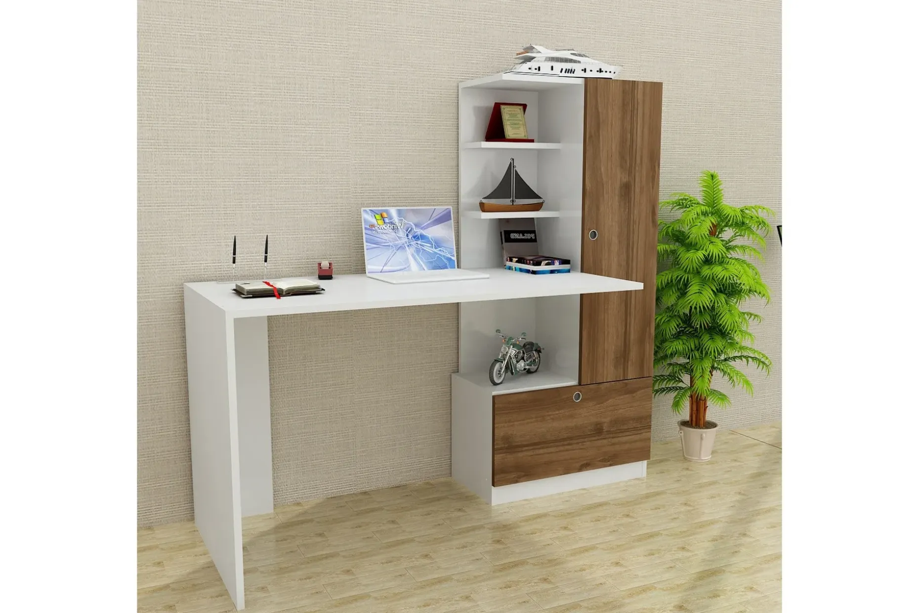 Merinoz Skrivebord 150 cm med Oppbevaring Hyller + Skuff + S