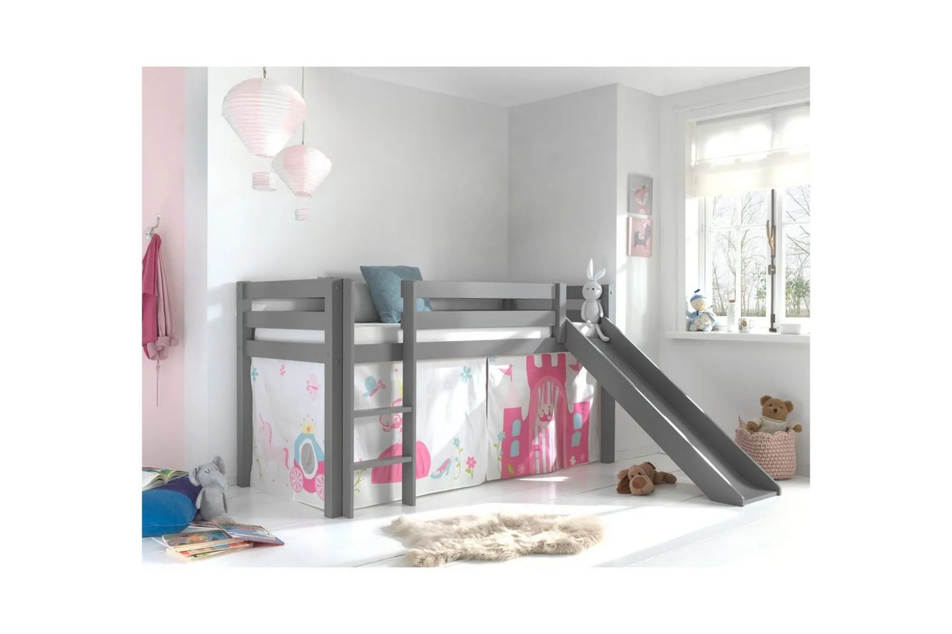 Middelseng med gardin Pino Princess Grå, Grå, Med sklie, Uten tunnel, Ingen lommer