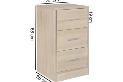 Nattbord Wohnling for kontinentalseng, 68 cm høy og 3 skuffer i en moderne stil Sonoma