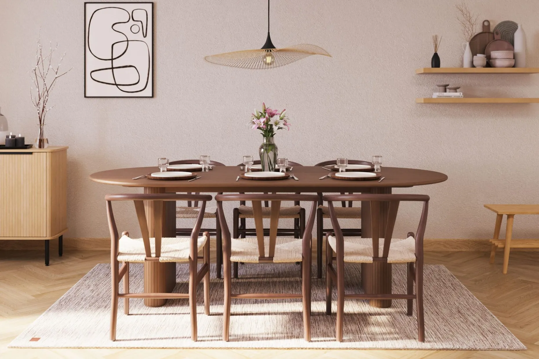 Noira Oval Spisegruppe 220 cm Valnøtt med 6 Dastoori Spisestoler