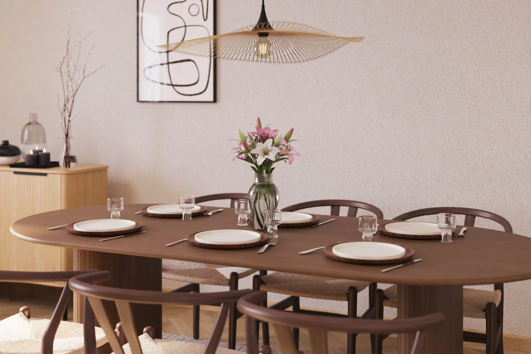 Noira Oval Spisegruppe 220 cm Valnøtt med 6 Dastoori Spisestoler