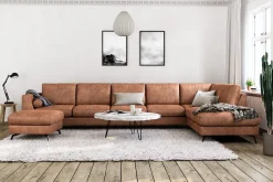 Ocean Lyx 6-seters Høyrevendt U-formet Sofa med Divan og Sjeselong + Fotskammel i Kunstlær