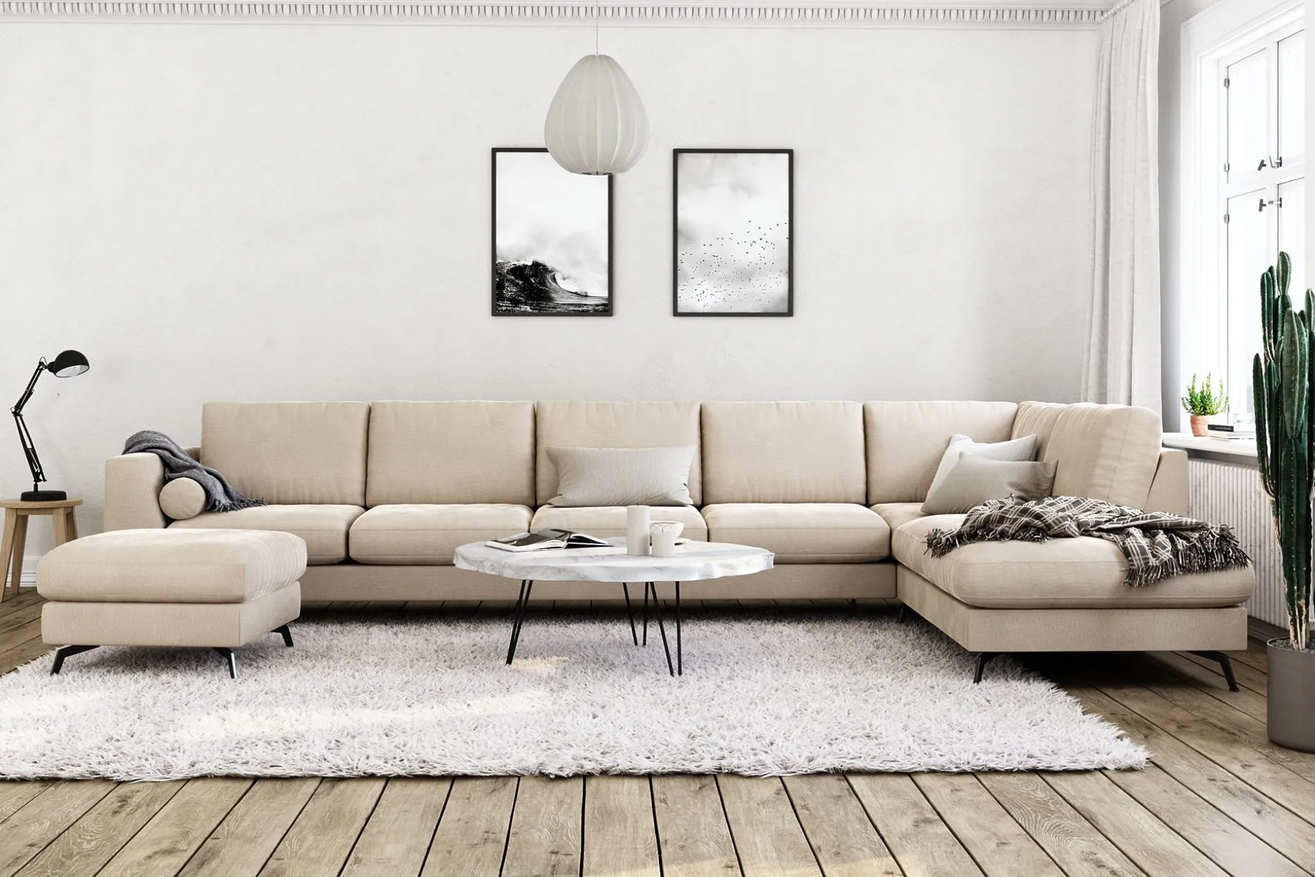Ocean Lyx 6-seters Høyrevendt U-formet Sofa med Divan og Sjeselong + Fotskammel i Fløyel