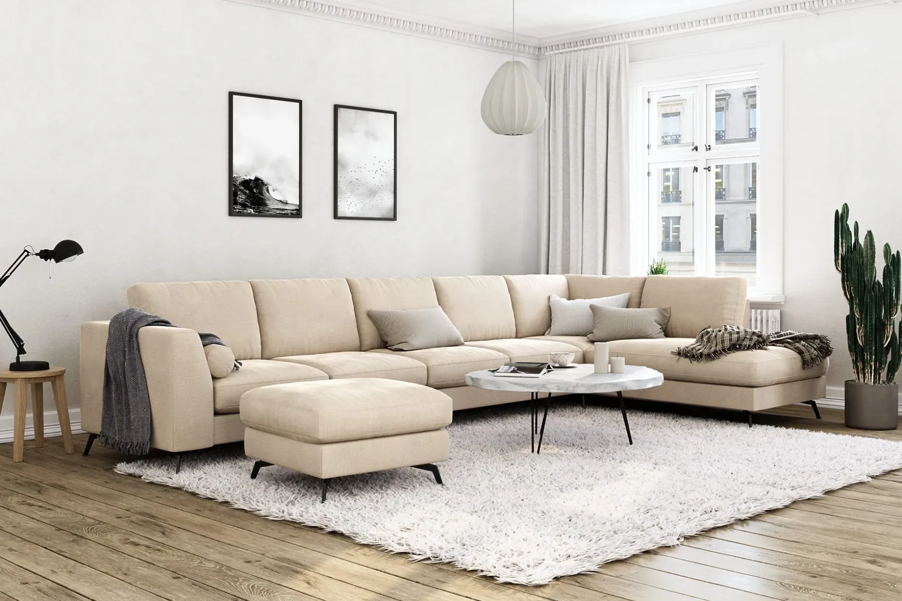 Ocean Lyx 6-seters Høyrevendt U-formet Sofa med Divan og Sjeselong + Fotskammel i Fløyel