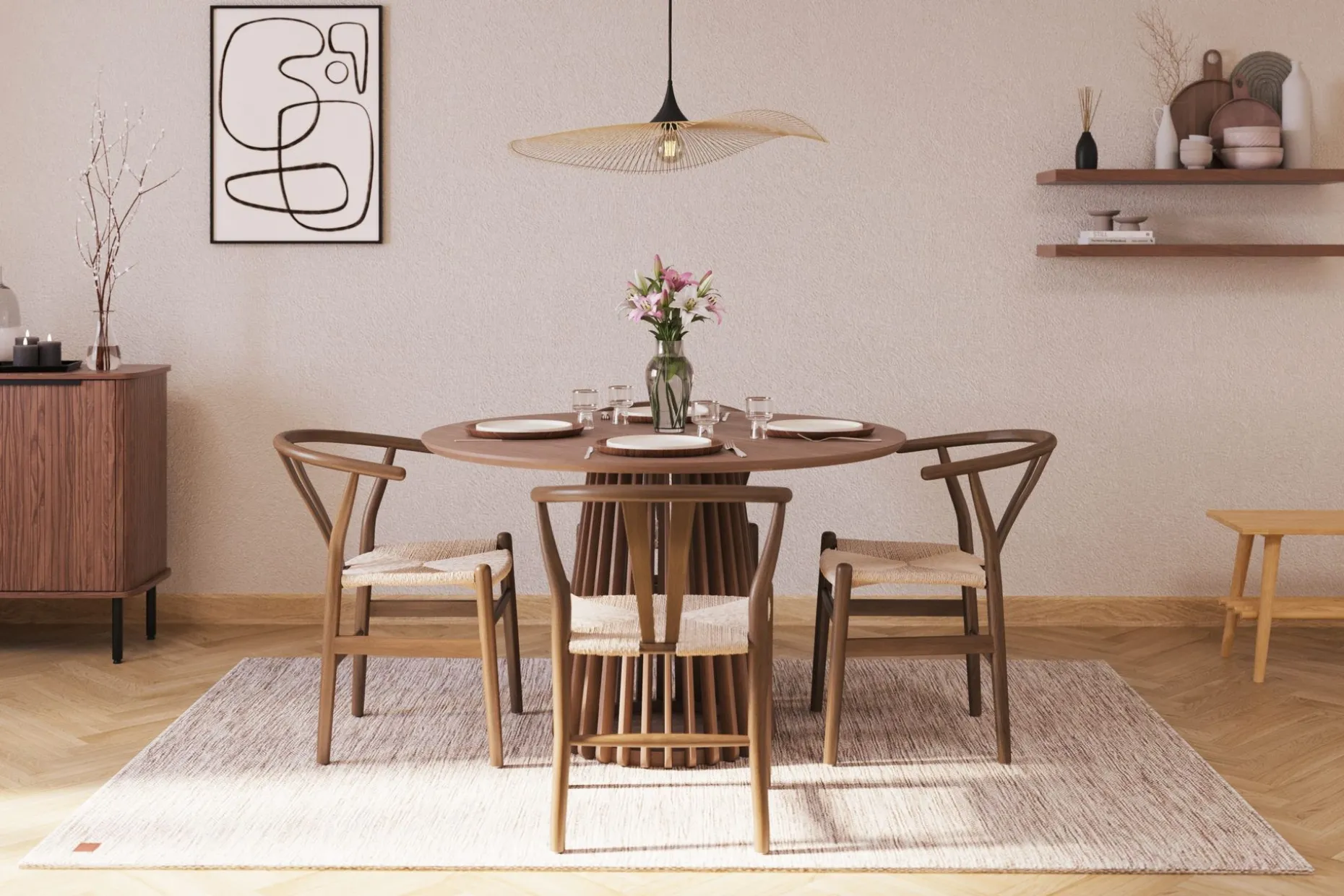 Peyra Spisegruppe 120 cm Rundt Spisebord med 4 Dastoori Spisestoler