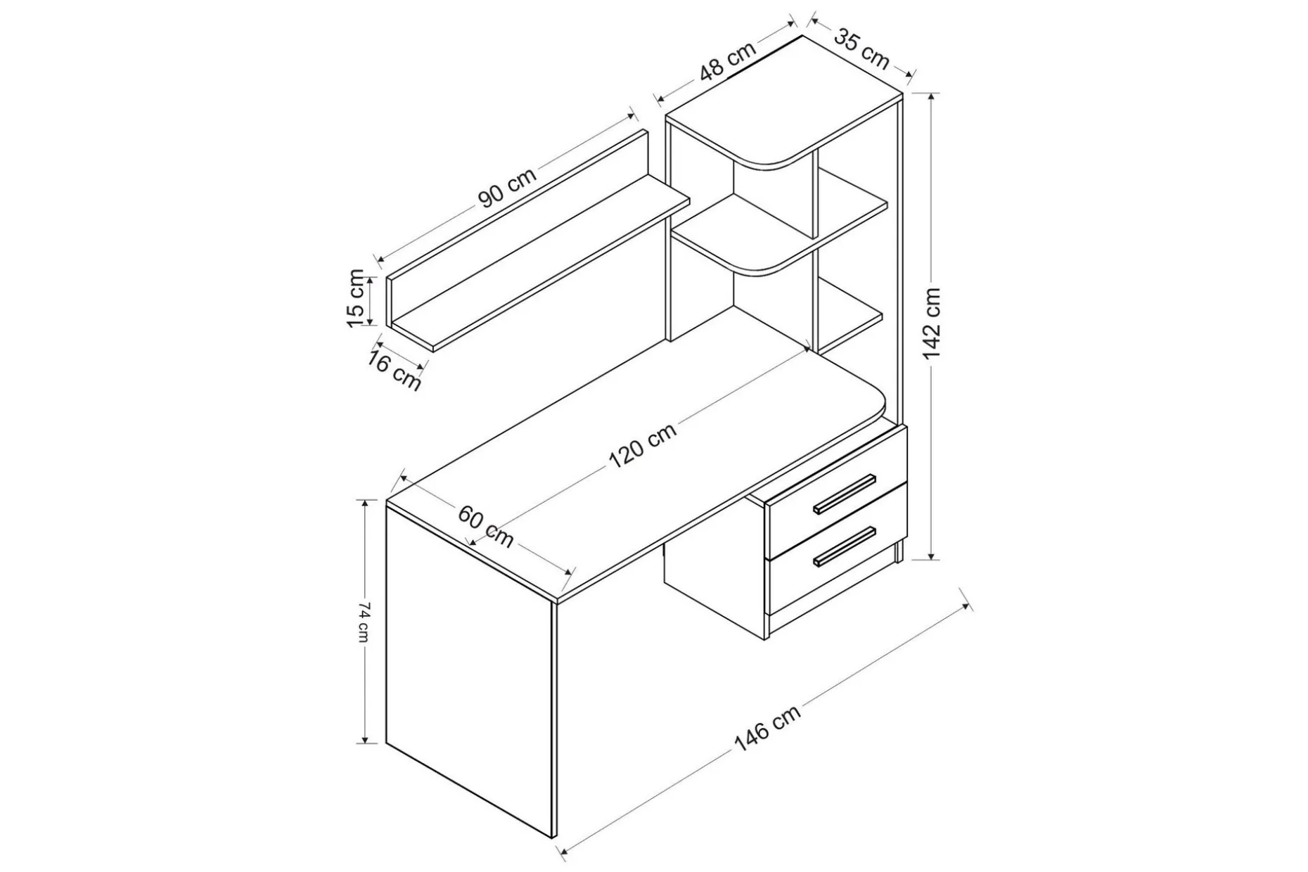Puijas Skrivebord 120 cm med Oppbevaring Skuff+Hyller+Vegghy