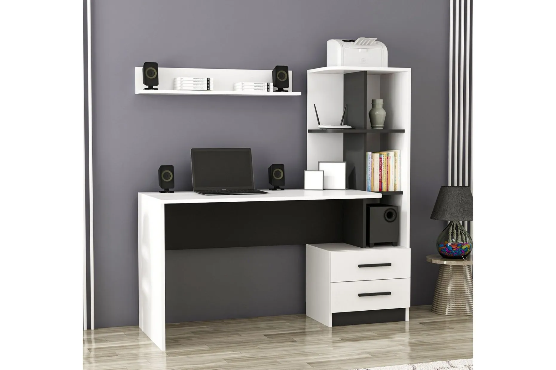 Puijas Skrivebord 120 cm med Oppbevaring Skuff+Hyller+Vegghy