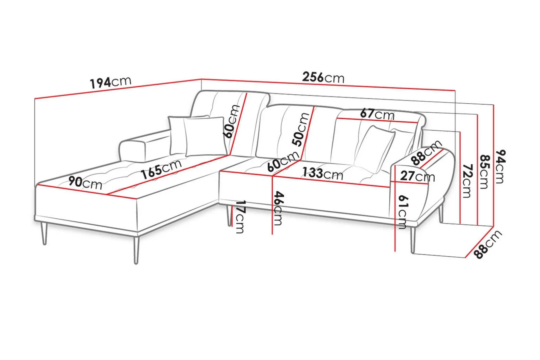 Rapale 3-seters Sofa med Divan Venstre med Puter