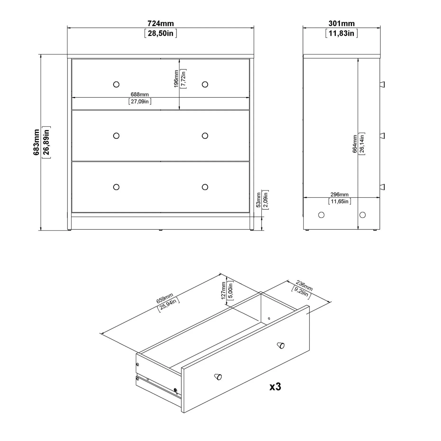 Renor Kommode 3 skuffer 72x30x68 cm