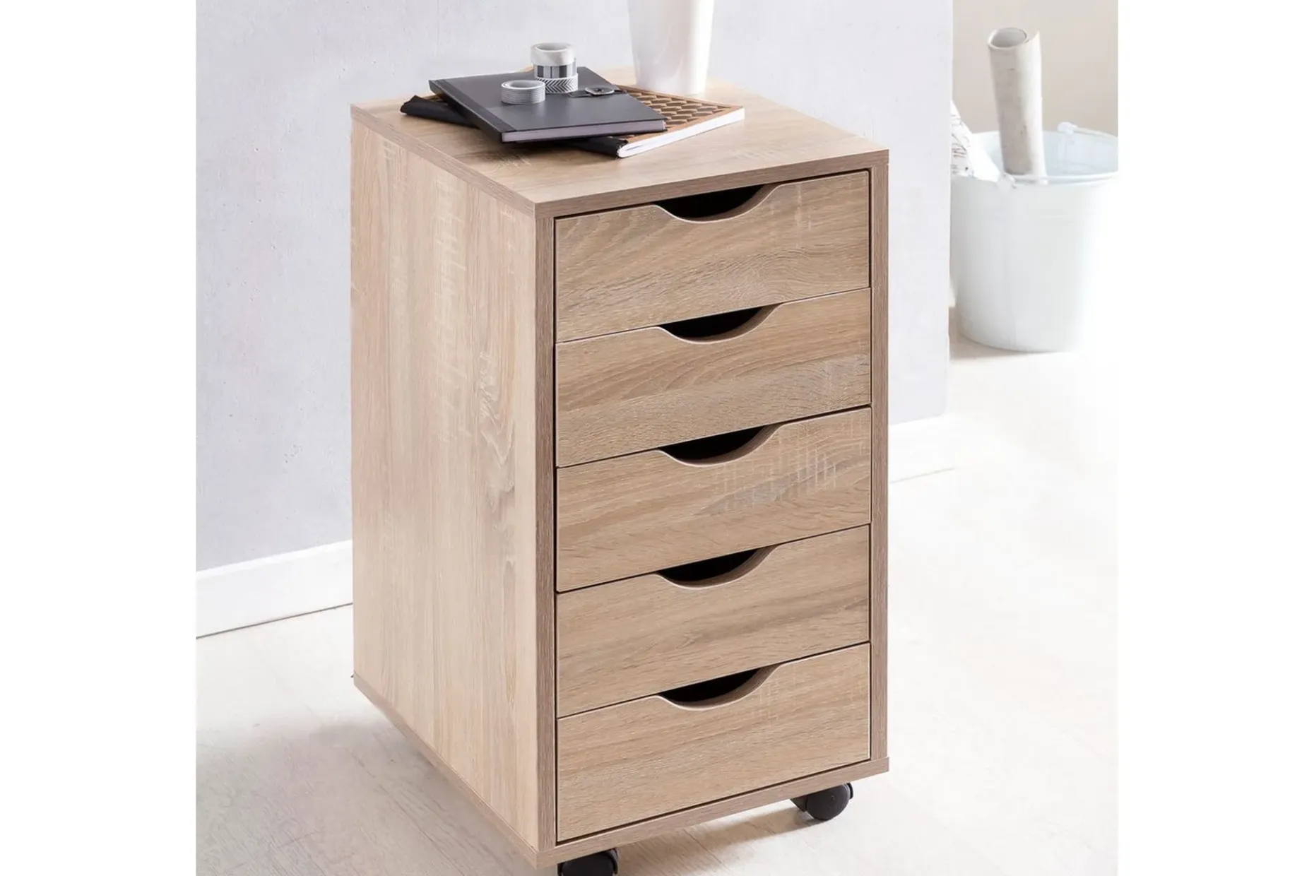 Rullecontainer Wohnling 5 skuffer foliert sponplate med hjul, moderne stil Sonoma
