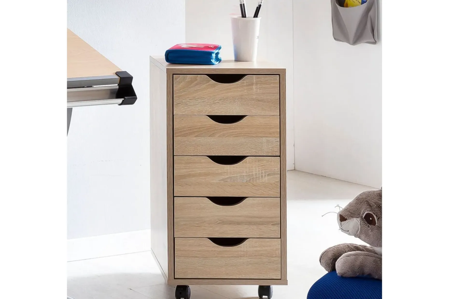 Rullecontainer Wohnling 5 skuffer foliert sponplate med hjul, moderne stil Sonoma