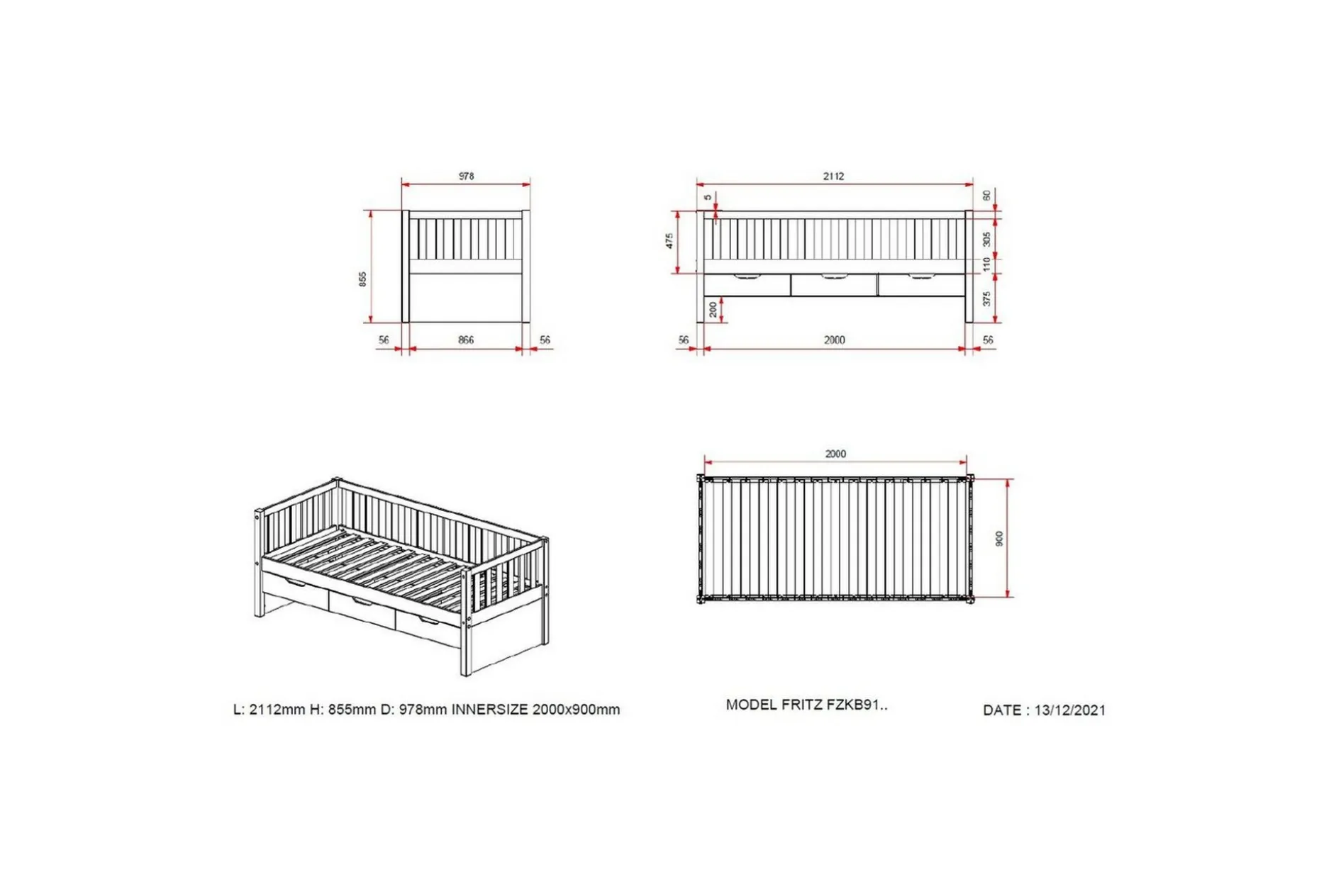Seng Fritz med 3 skuffer og underbed Naturlig