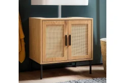 Servantensokkel Wohnling melaminbelagt MDF, eik utseende, rottingfront, metallben, moderne loftstil 2 dører