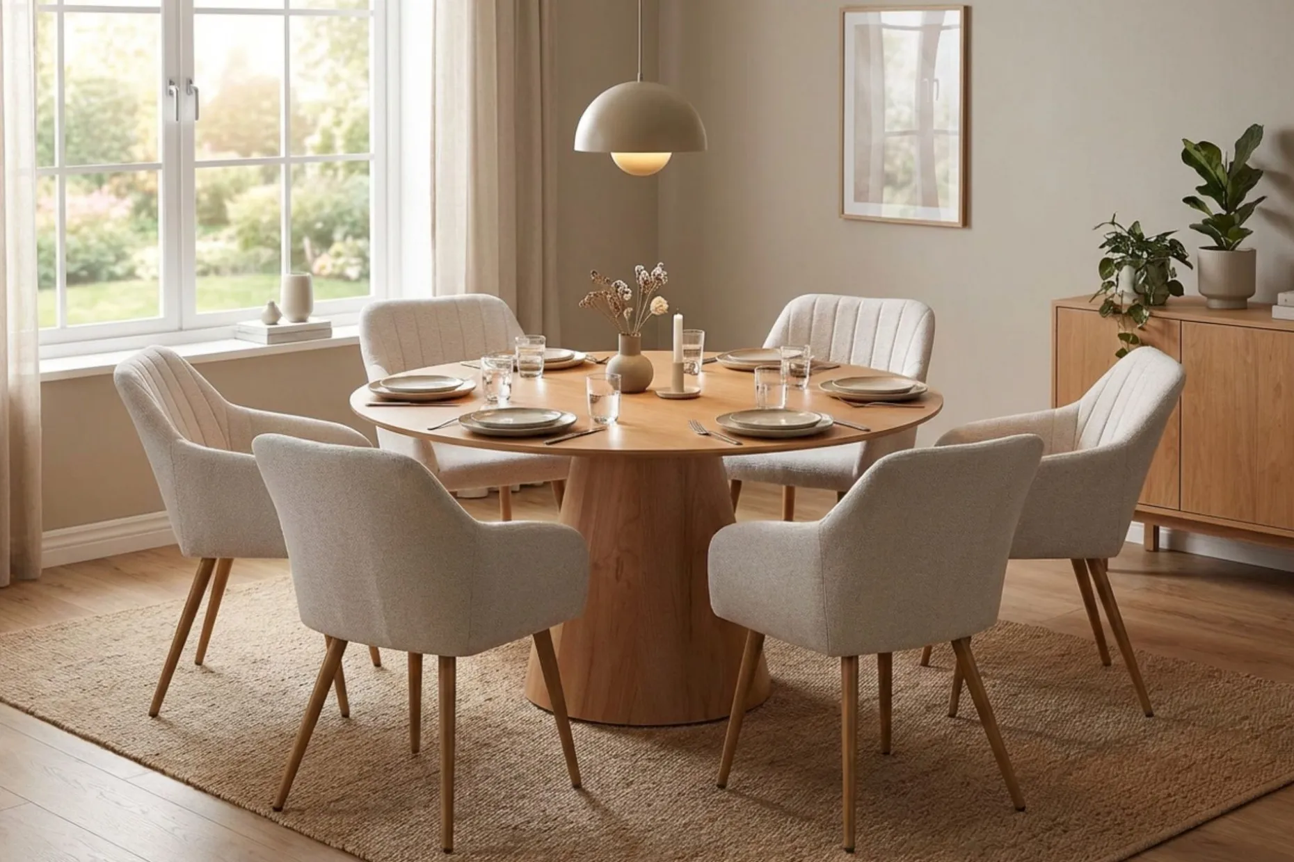 Siena spisegruppe rund 150 cm eik med 6 Filippa spisestoler