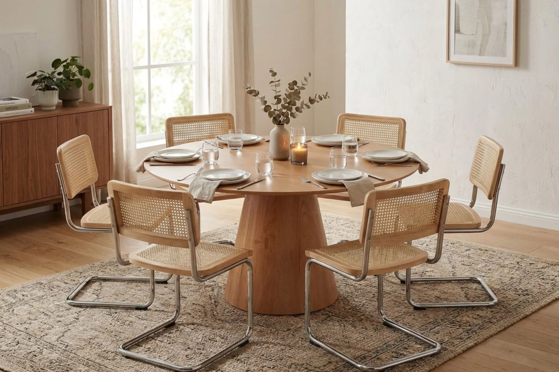 Siena spisegruppe rund 150 cm eik med 6 Build spisestoler