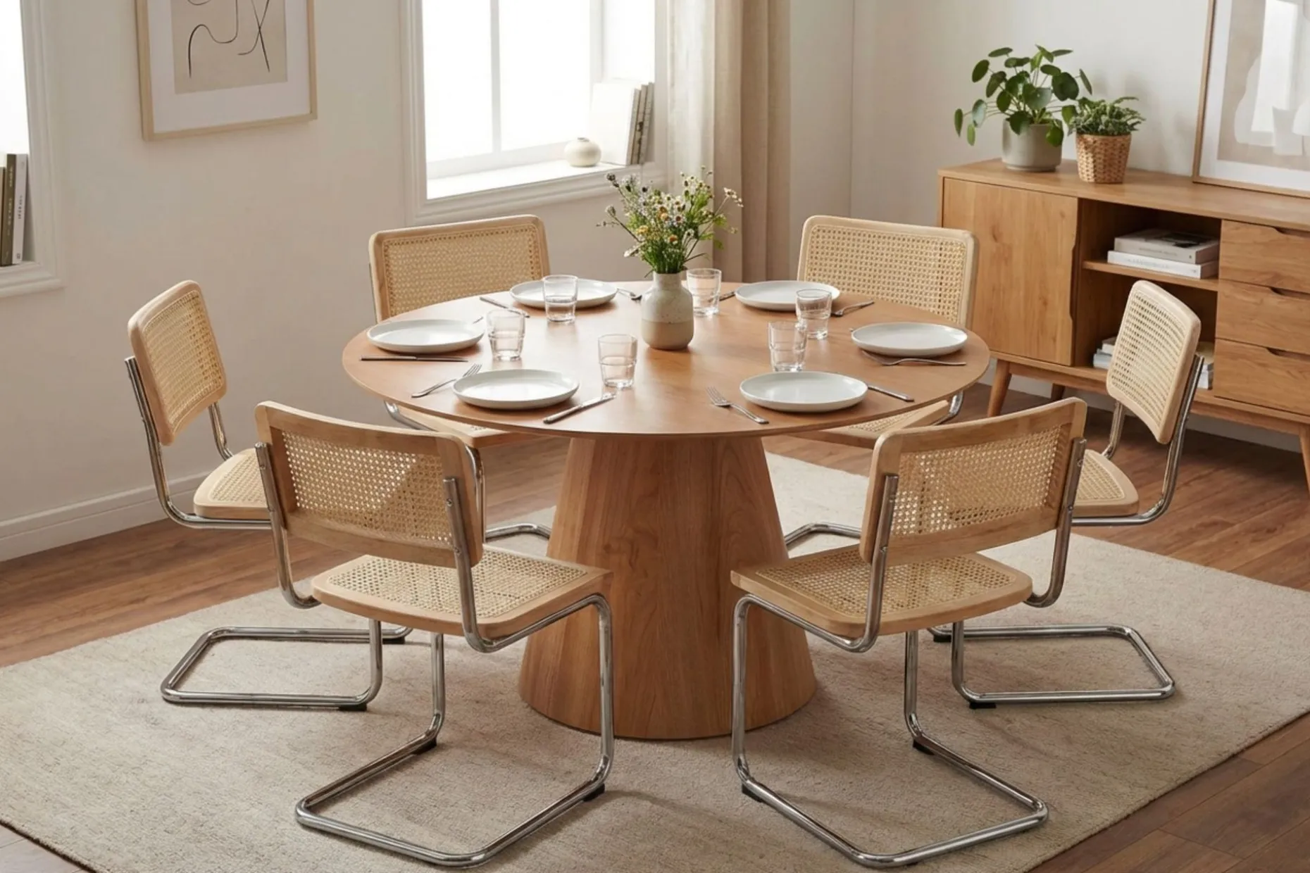 Siena spisegruppe rund 130 cm eik med 6 Build spisestoler