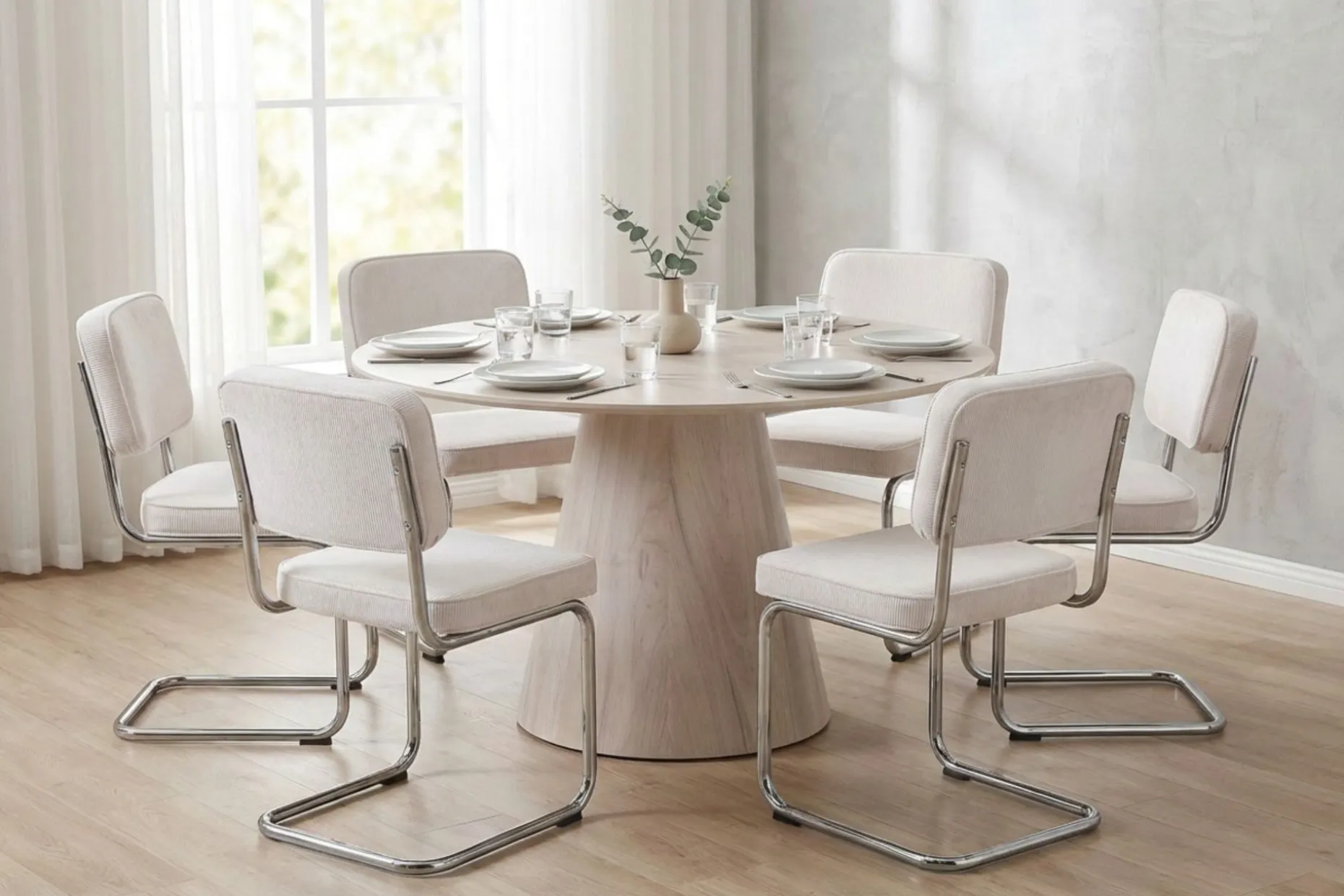 Siena spisegruppe rund 130 cm hvitlasert med 6 Milva spisestoler