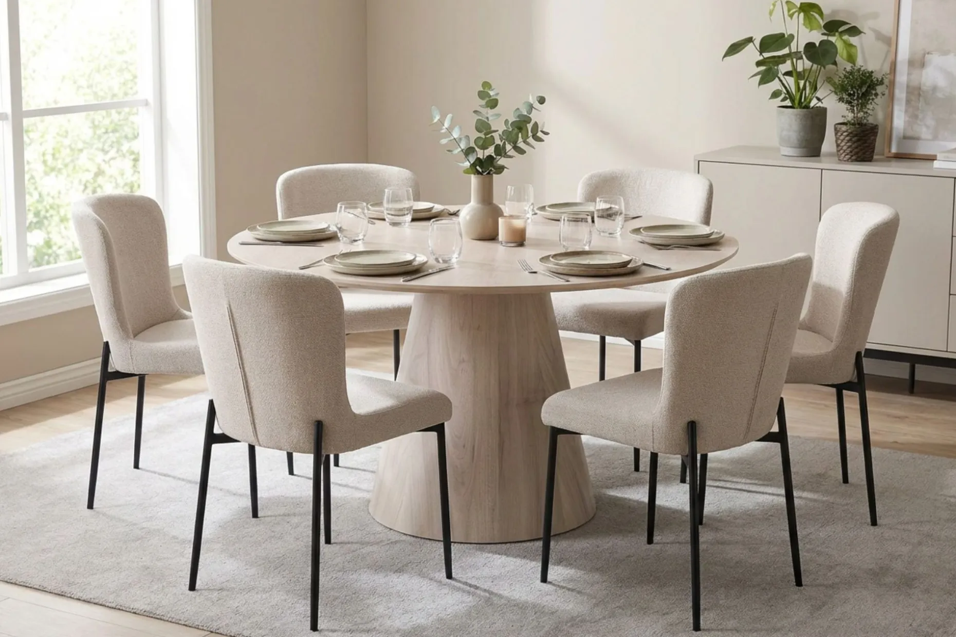 Siena spisegruppe rund 130 cm hvitlasert med 6 Elsie spisestoler