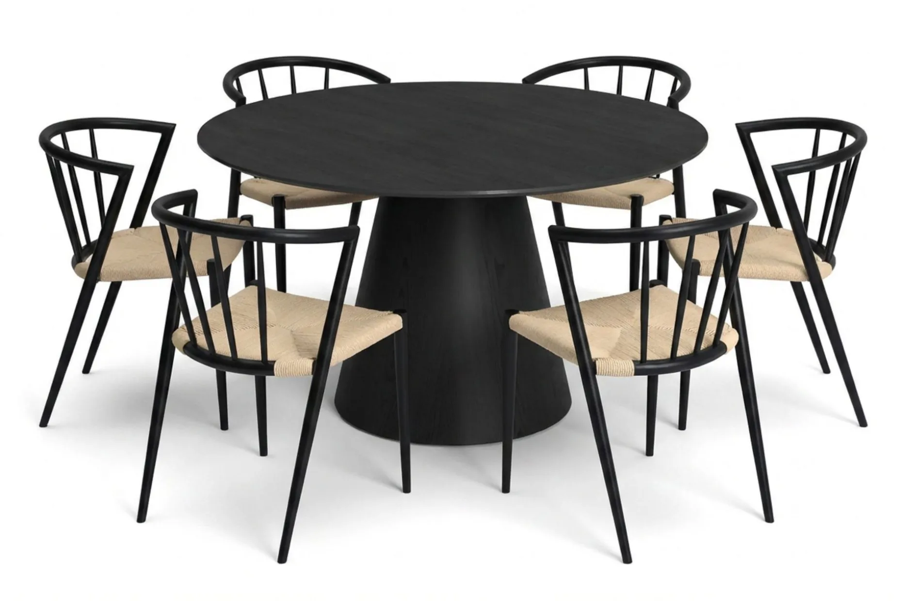 Siena spisegruppe rund 130 cm svart med 6 Winston spisestoler
