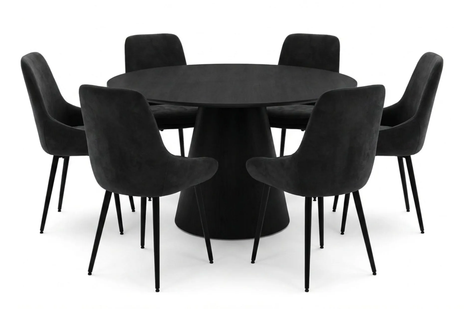 Siena spisegruppe rund 130 cm svart med 6 Alsarp spisestoler