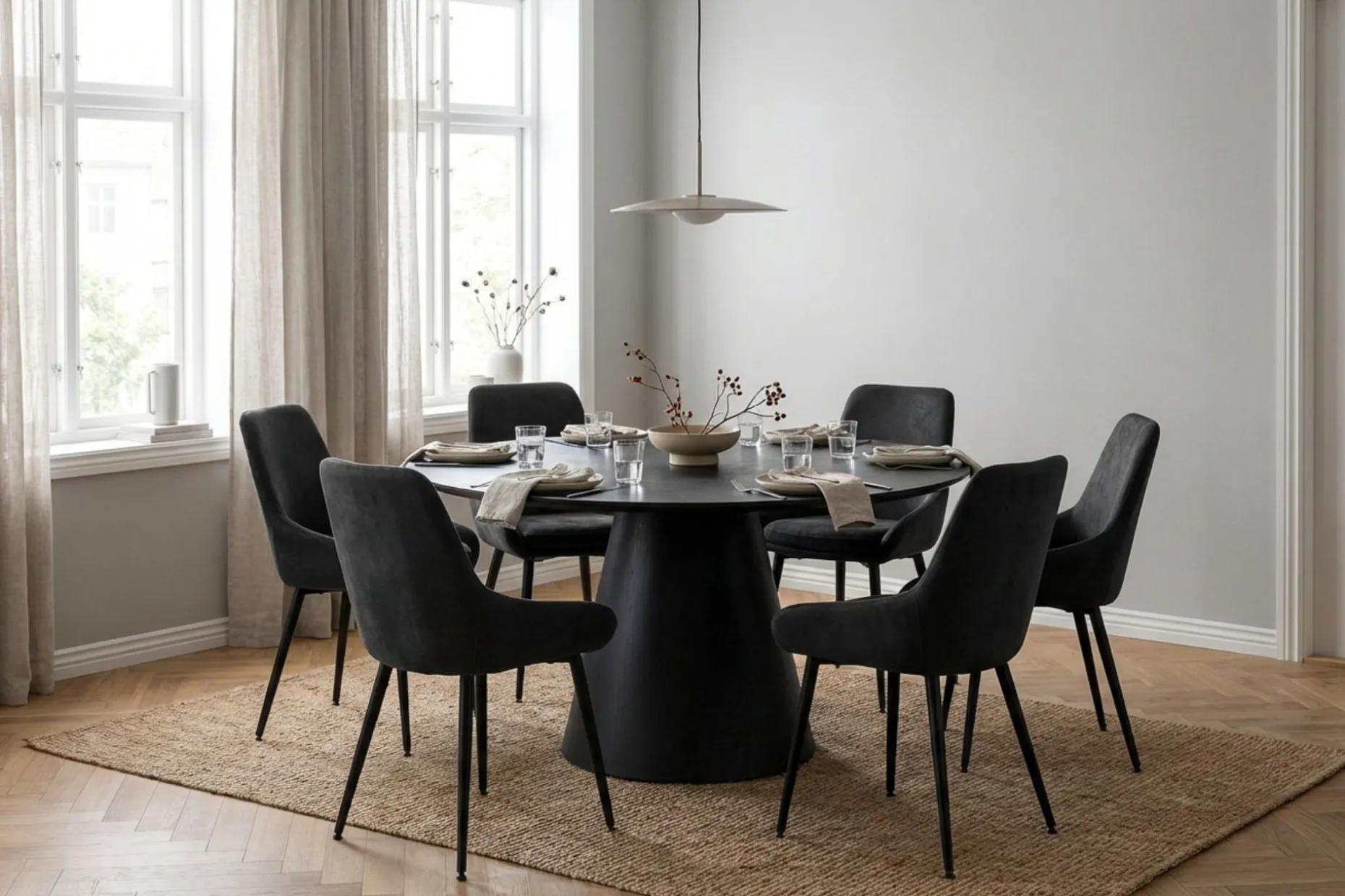 Siena spisegruppe rund 130 cm svart med 6 Alsarp spisestoler