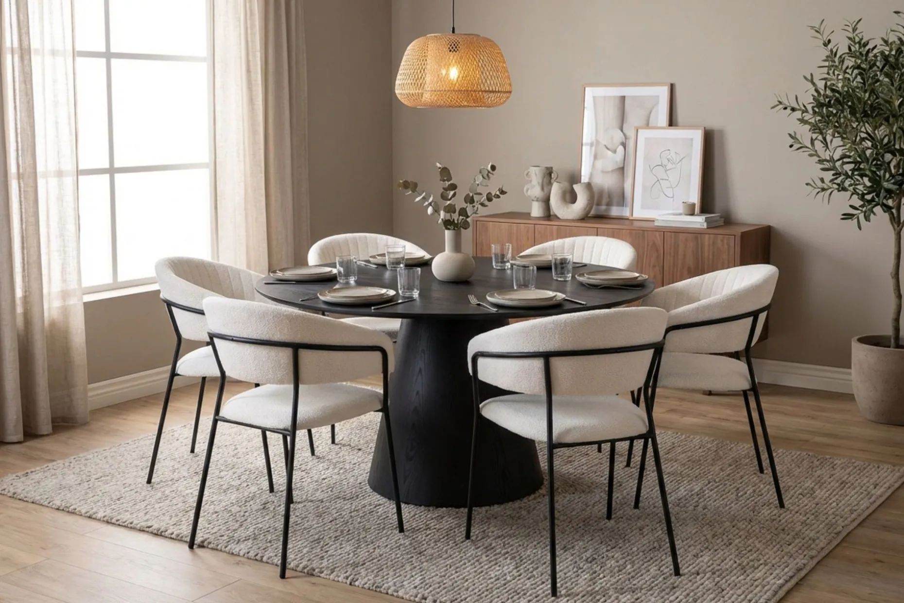 Siena spisegruppe rund 130 cm svart med 6 Karol spisestoler