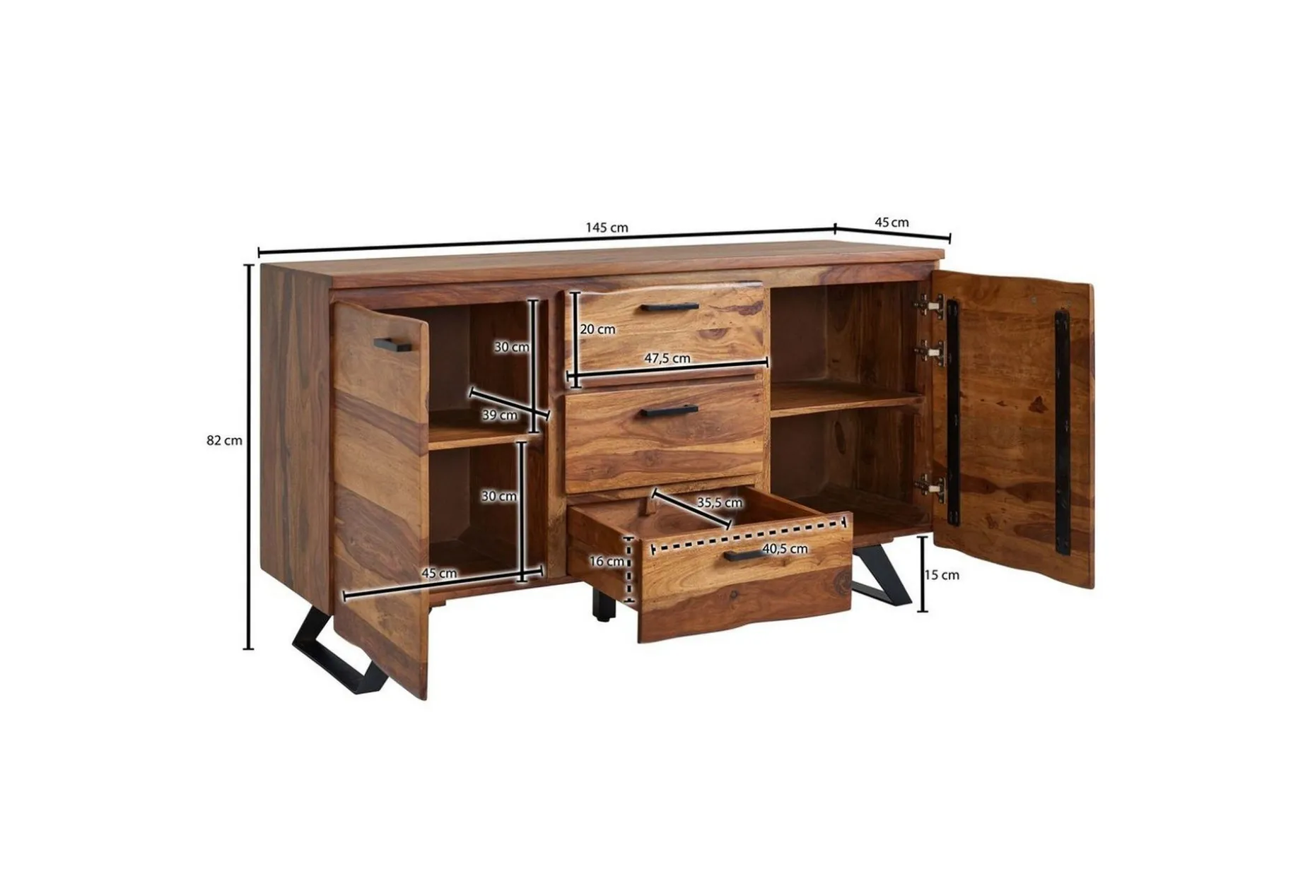Skjenk Wohnling Massivt treverk trekanter 145 cm med 2 dører 3 skuffer industriell