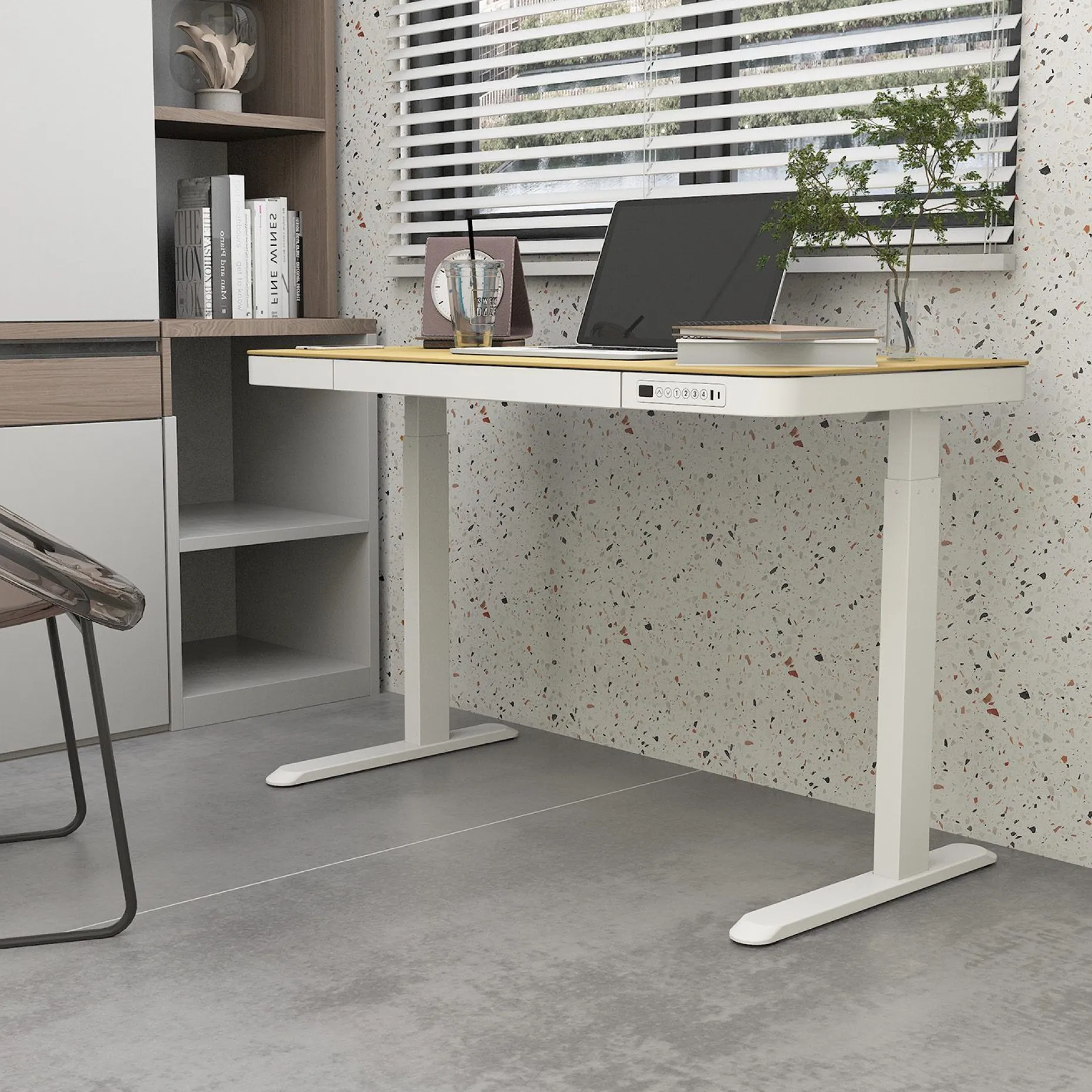 Skrivebord HOME4YOU Ergo med 1 motor 120x60x72-121 cm eik/hvit
