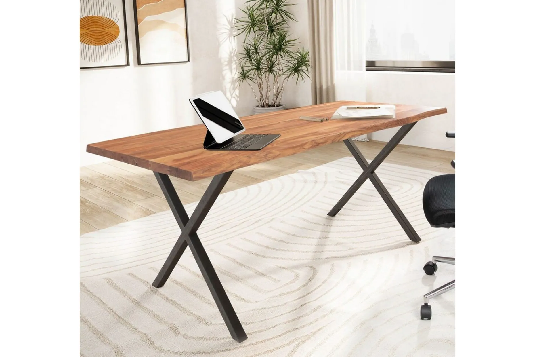 Skrivebord Wohnling Massivt treverk trekanter metallbein landlig stil Svart, krysset, 180x90 cm