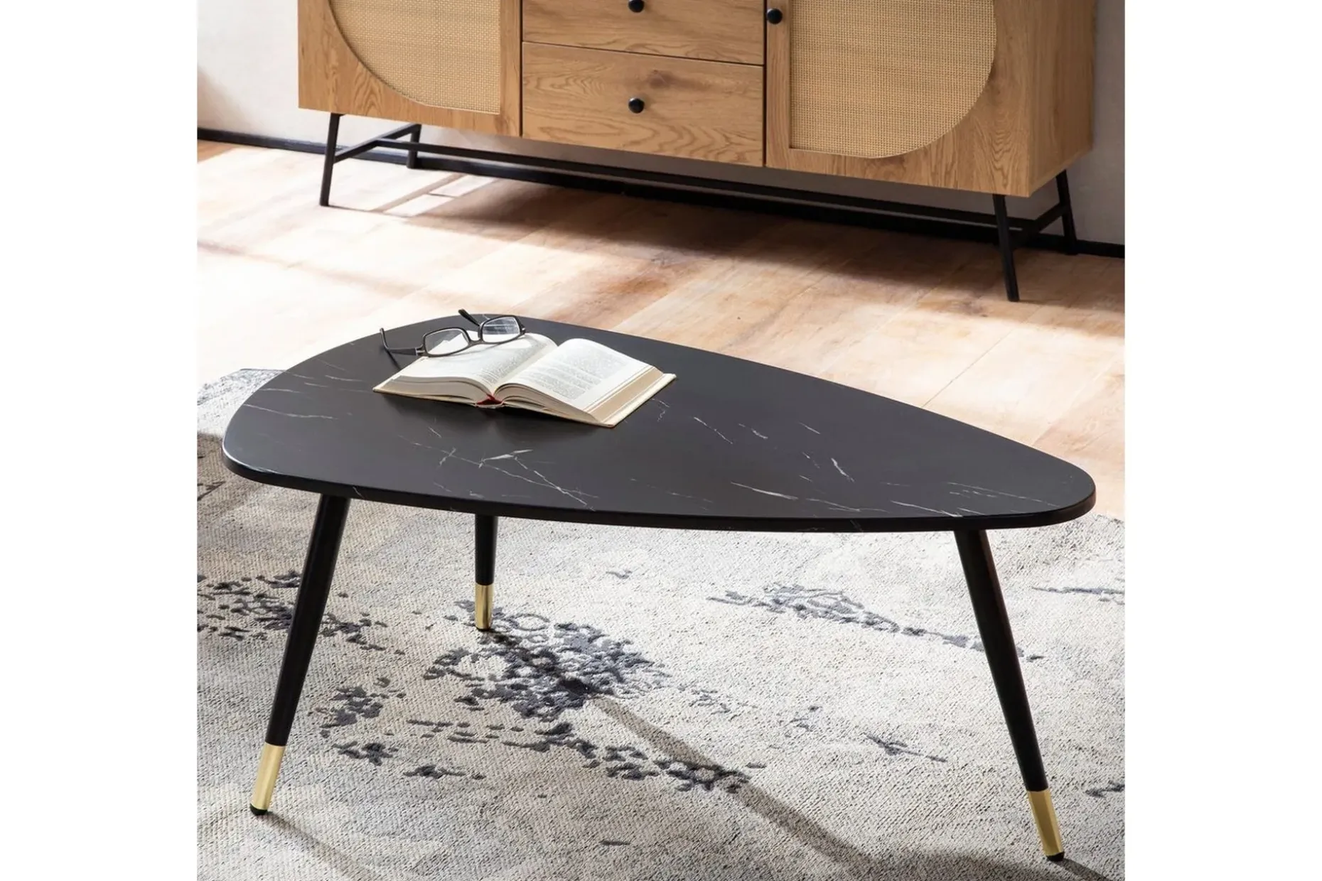 Sofabord Wohnling marmorstil 90 cm, trekantet moderne stil Svart marmor