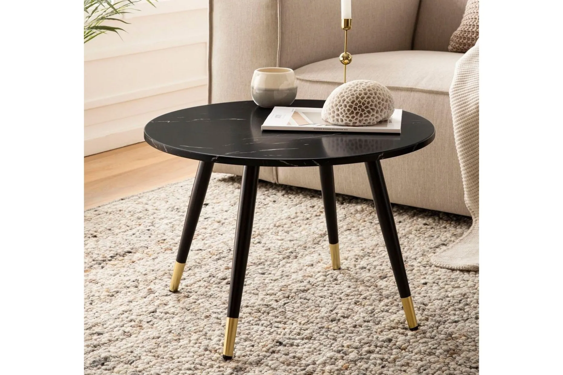 Sofabord Wohnling marmorutseende 60 cm rund, moderne stil Svart marmor
