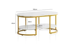 Sofabord Wohnling marmorutseende oval 100 cm med oppbevaringshylle, Bauhaus-stil Marmor Hvit