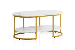 Sofabord Wohnling marmorutseende oval 100 cm med oppbevaringshylle, Bauhaus-stil Marmor Hvit