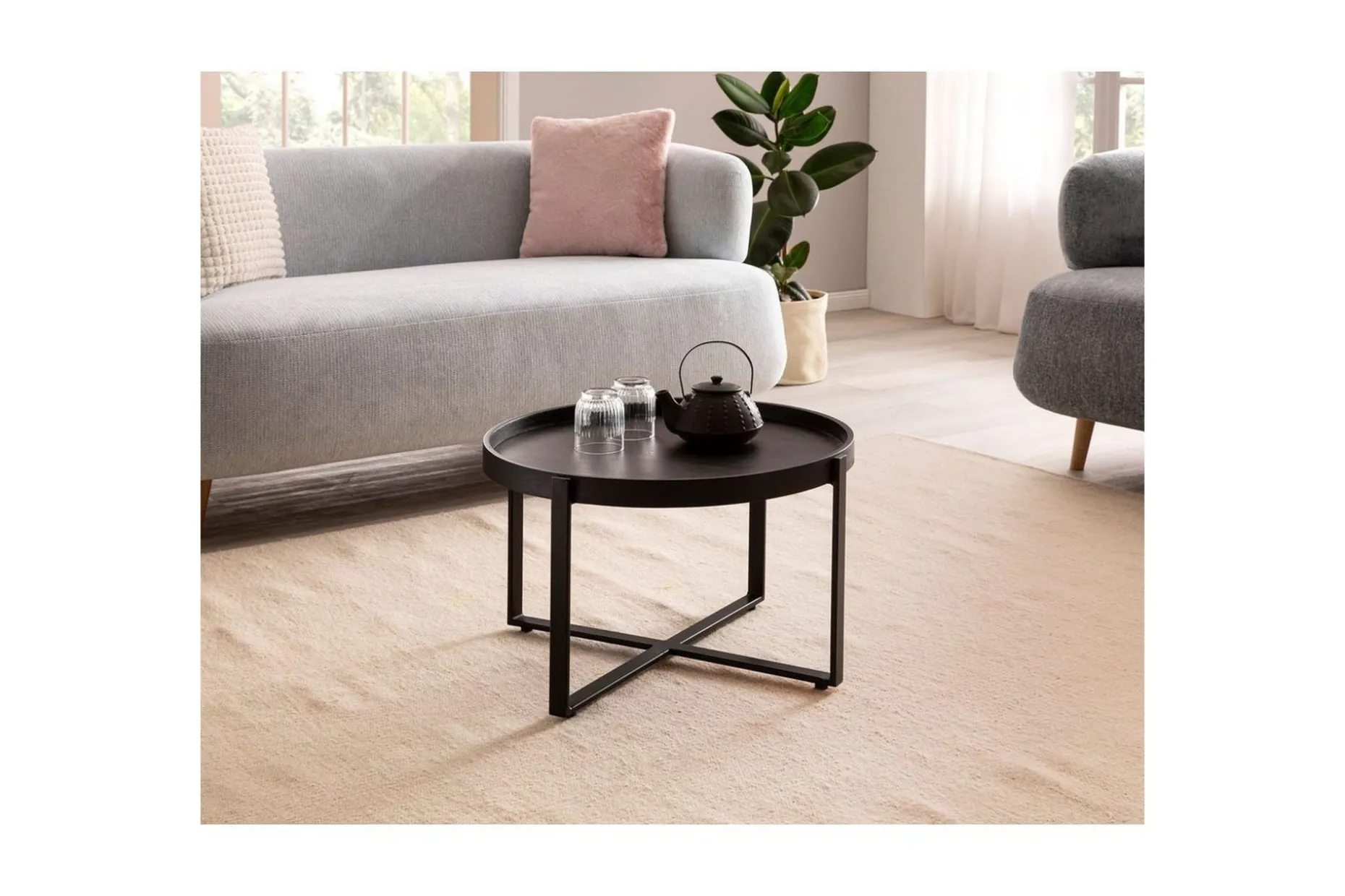 Sofabord Wohnling Massivt treverk rund 60 cm med klassisk utseende metallramme moderne