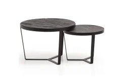 Sofabord Wohnling Sett med 2 runde i heltre og steinoptikk, design metallbase, landlig stil Svart, svart