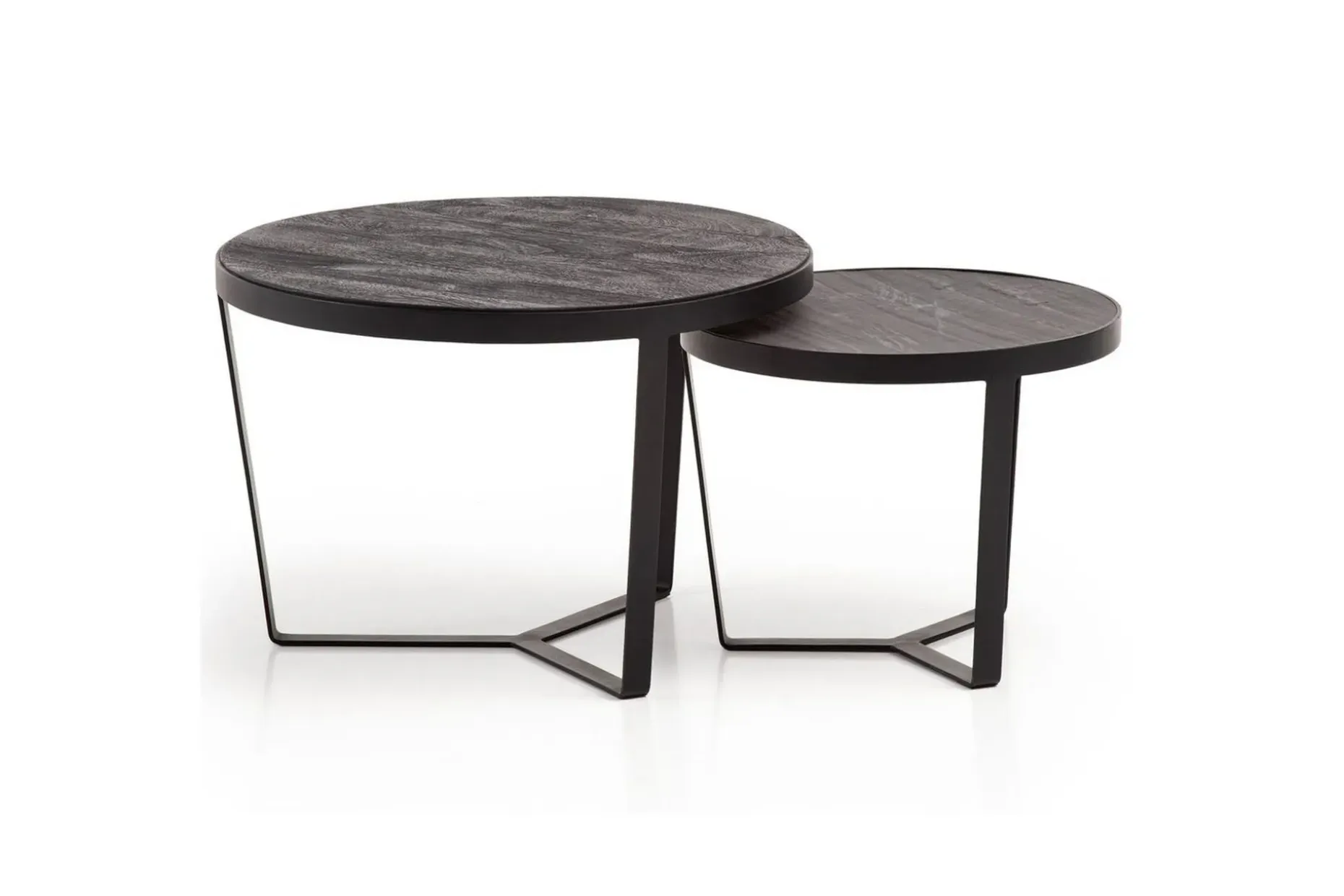 Sofabord Wohnling Sett med 2 runde i heltre og steinoptikk, design metallbase, landlig stil Svart, svart